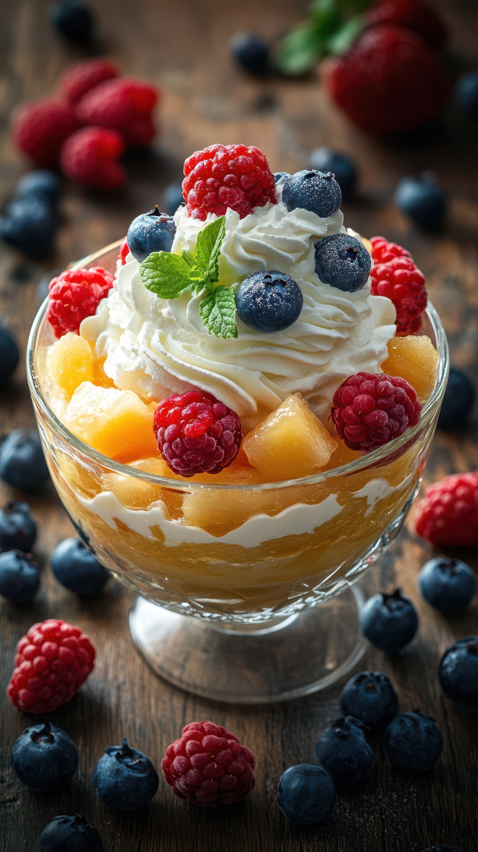 Colorful fruit dessert with whipped cream served in a glass bowl on a wooden table